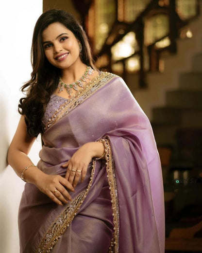 Peach Color Silver Tissue Silk Saree And Blouse