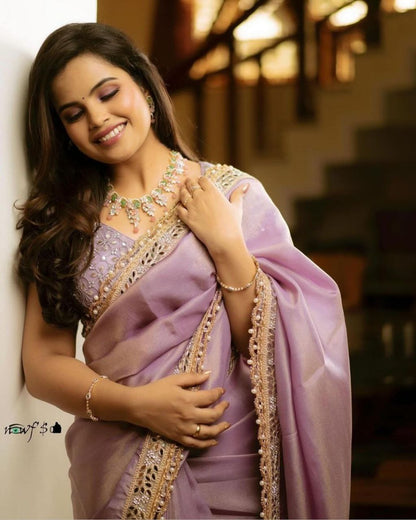 Peach Color Silver Tissue Silk Saree And Blouse