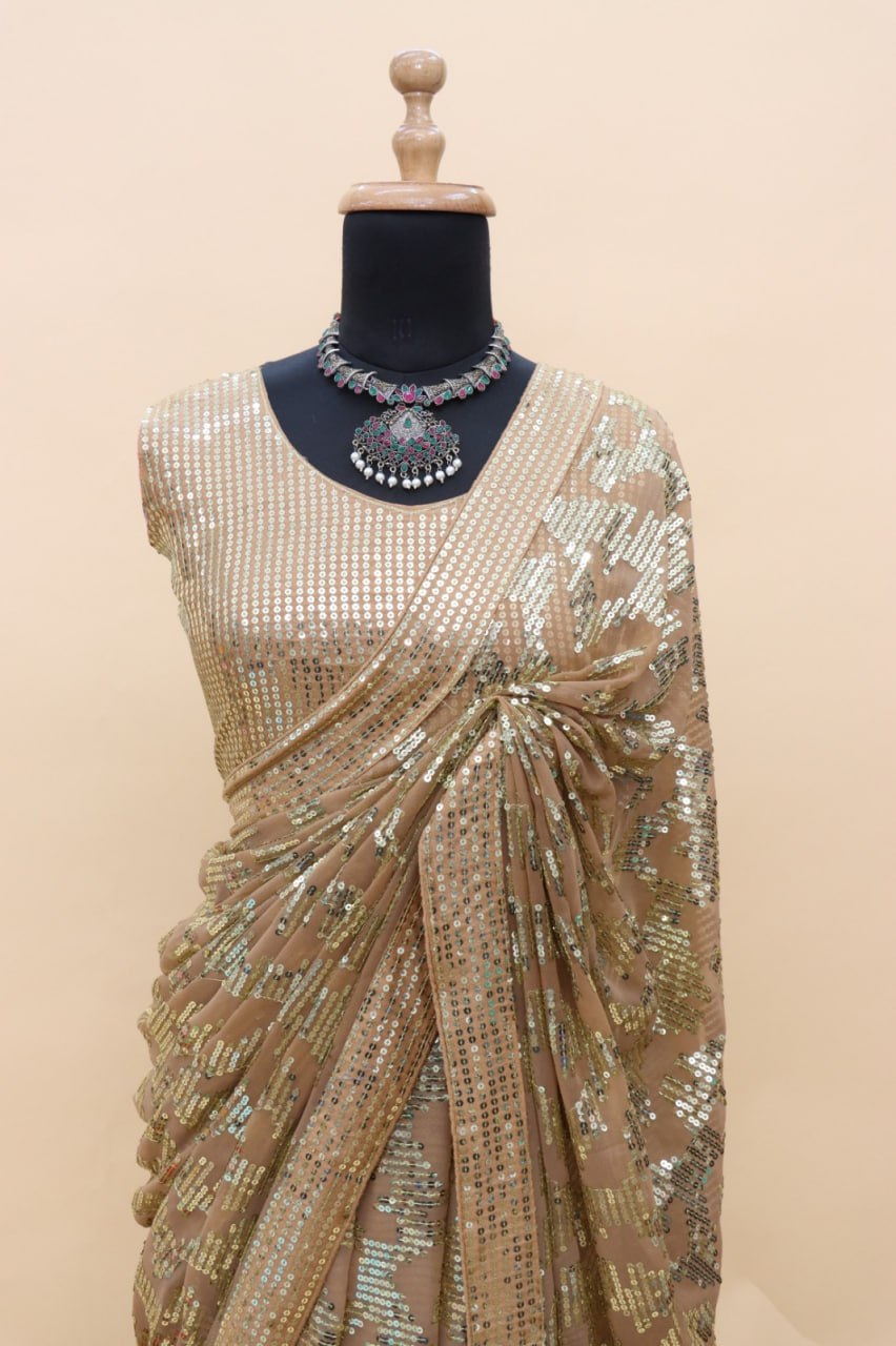 Georgette Sequence Beautiful Party Wear Bollywood Saree, Designer Sequin Embroidered Saree With Blouse,