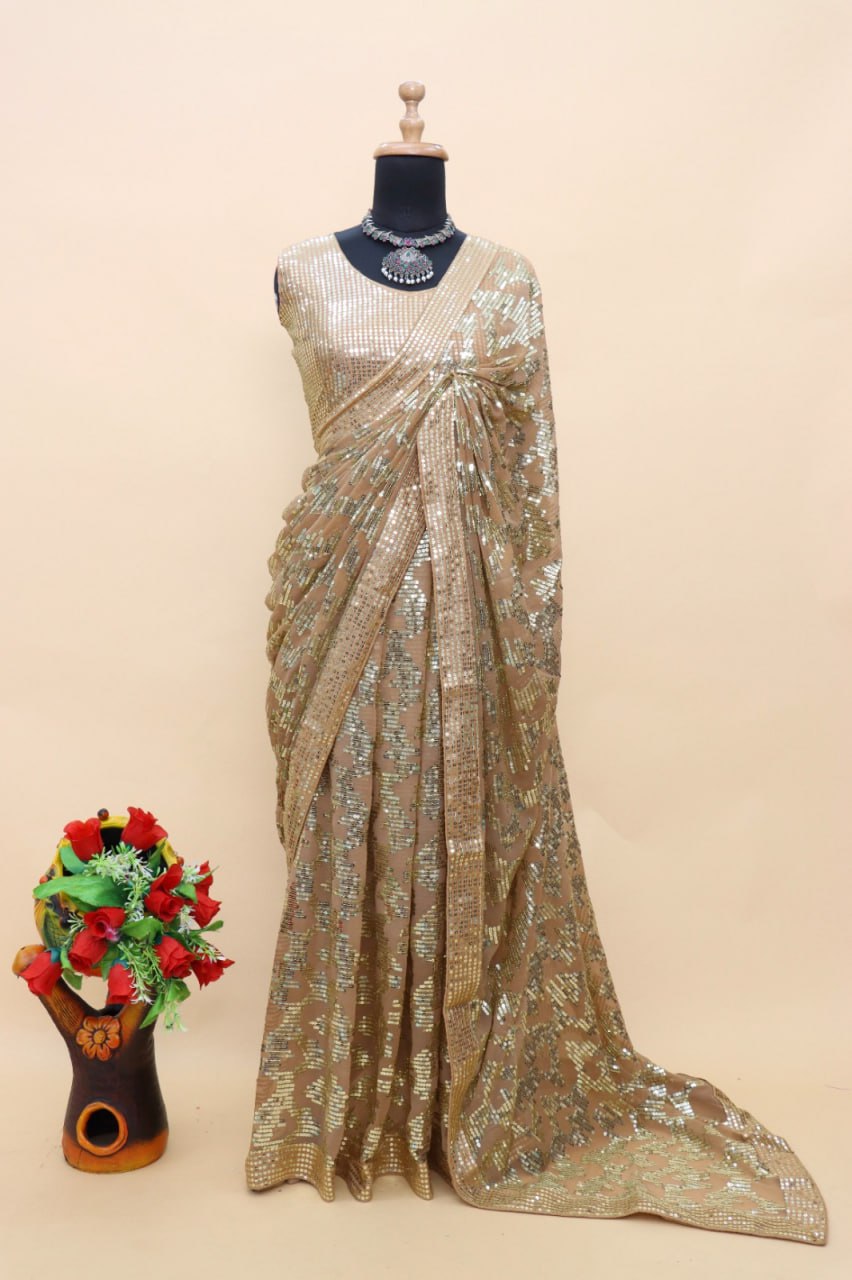 Georgette Sequence Beautiful Party Wear Bollywood Saree, Designer Sequin Embroidered Saree With Blouse,