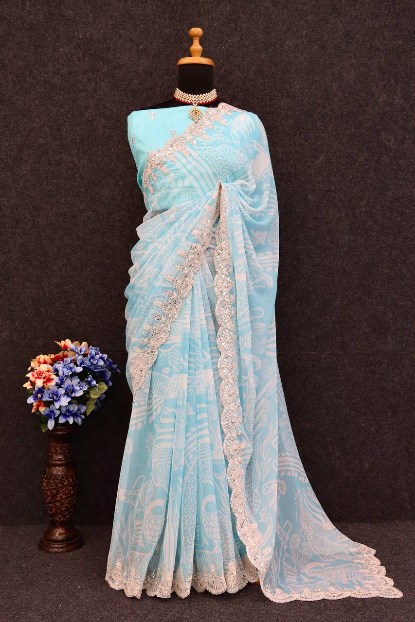 Beautiful Mono Banglory Silk Embroidery Codding Sequince  Work Saree And Blouse