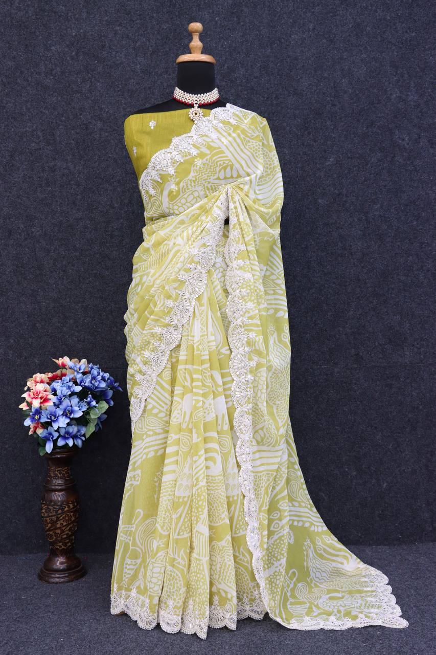 Beautiful Mono Banglory Silk Embroidery Codding Sequince  Work Saree And Blouse