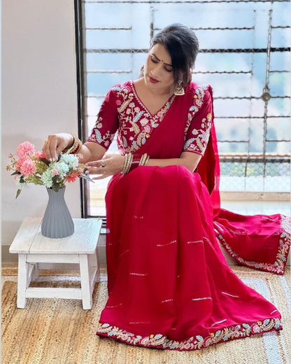 Heavy Rangoli Silk Saree With Fancy Embroidery Sequences Work With Blouse
