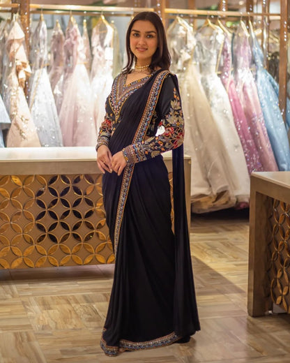 Black Heavy Georgette with Embroidery Sequins Work Lace Border with Blouse