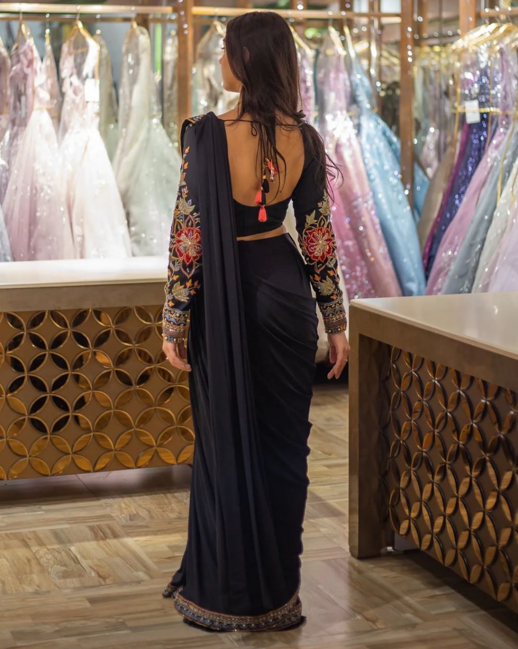 Black Heavy Georgette with Embroidery Sequins Work Lace Border with Blouse