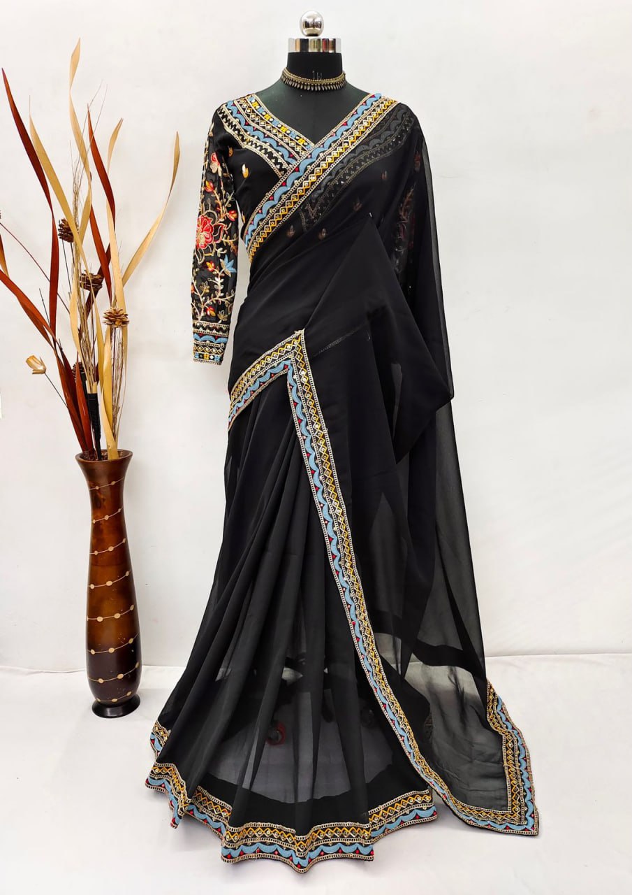 Black Heavy Georgette with Embroidery Sequins Work Lace Border with Blouse