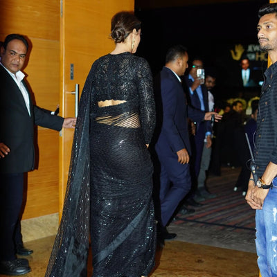 Deepika Padukone Black Butterfly Net Heavy Nylon  Bollywood Saree with Blouse