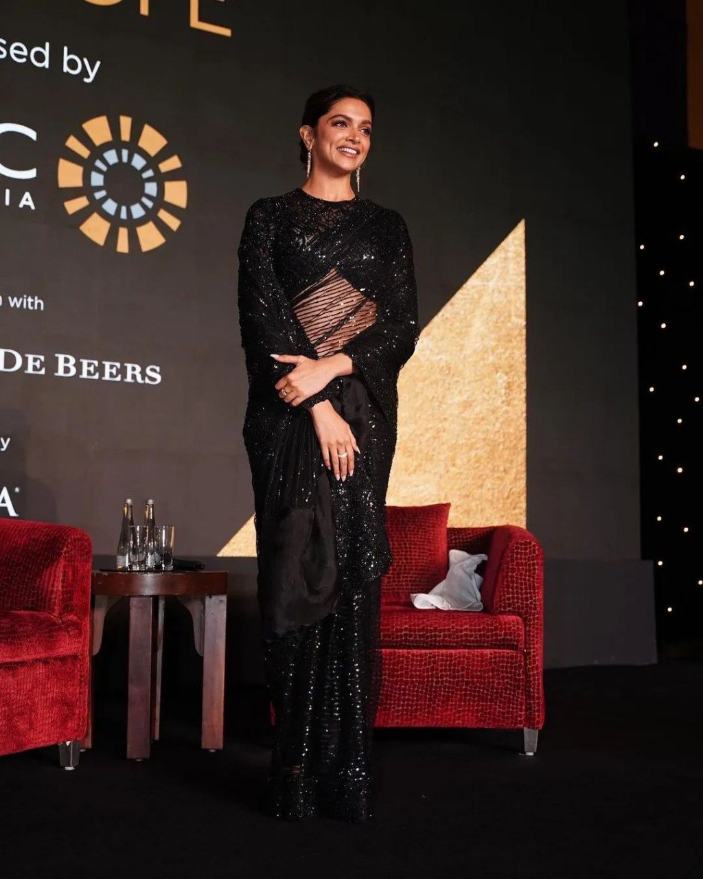 Deepika Padukone Black Butterfly Net Heavy Nylon  Bollywood Saree with Blouse