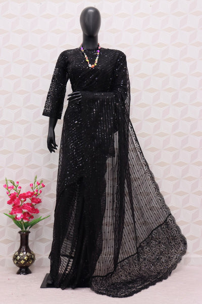 Deepika Padukone Black Butterfly Net Heavy Nylon  Bollywood Saree with Blouse