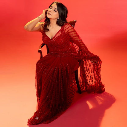 Red Color Bollywood Sequence Heavy Nylon Butterfly Net Saree With Unstitched Blouse
