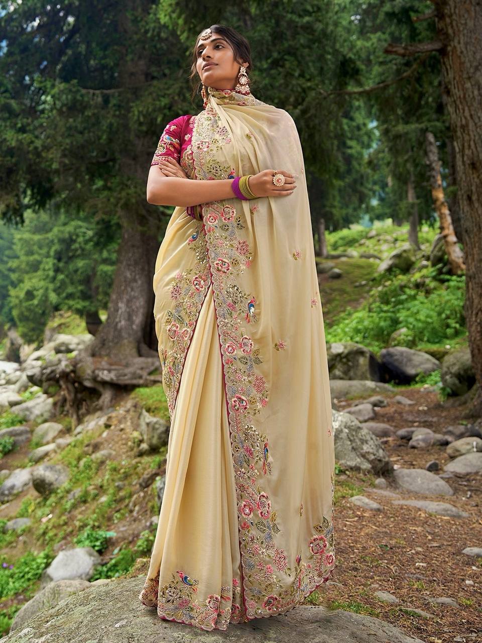 Cream Pure Soft Zimmy Cho Silk Saree Embroidery Multi Treads & Coding & Sequins Work with Blouse