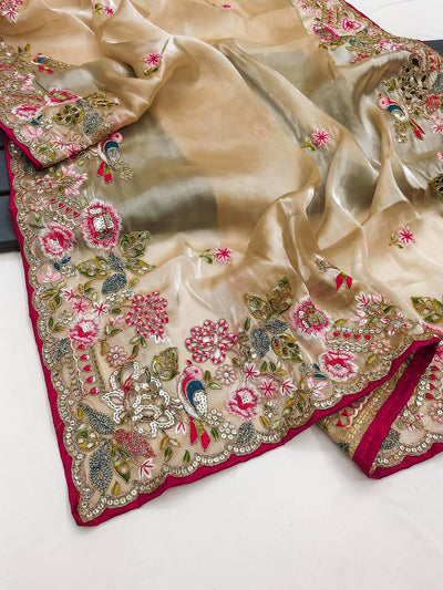 Cream Pure Soft Zimmy Cho Silk Saree Embroidery Multi Treads & Coding & Sequins Work with Blouse