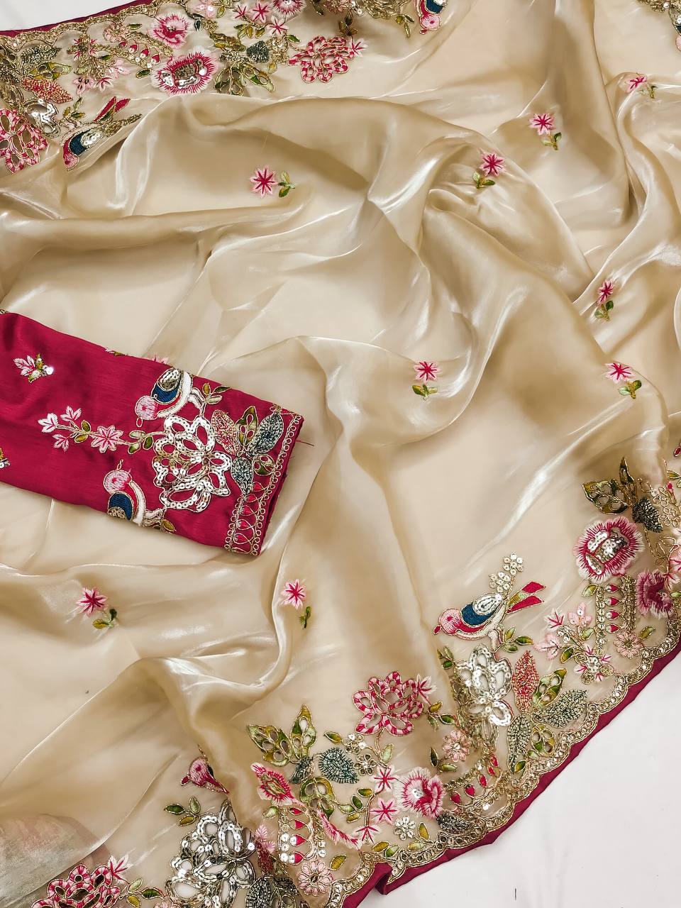 Cream Pure Soft Zimmy Cho Silk Saree Embroidery Multi Treads & Coding & Sequins Work with Blouse