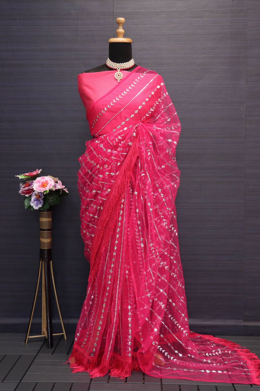 Bollywood HEAVY NYLONE BUTTERFLY NET Saree with Blouse