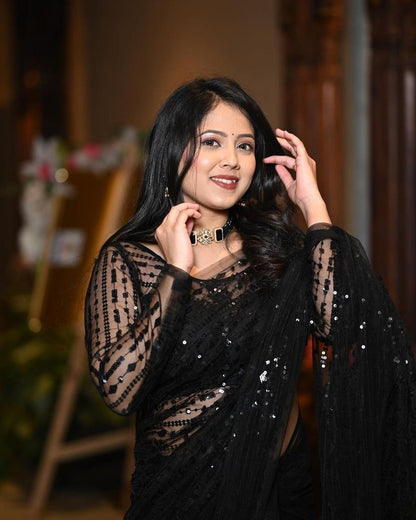 Black Color Heavy Nylon Sequined Net Saree With Blouse For Women