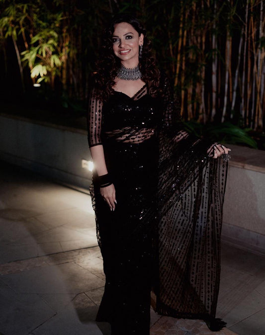 Black Color Heavy Nylon Sequined Net Saree With Blouse For Women
