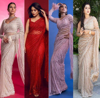 Bollywood Heavy Nylone Butterfly Net Fancy Multy Sequnce Work With Zalar Attached Lace Border Saree With Blouse