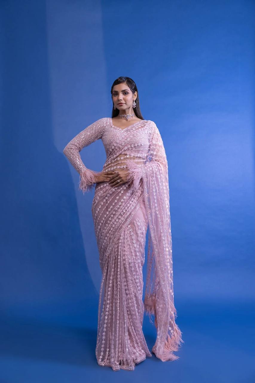 BOLLYWOOD HEAVY NYLONE BUTTERFLY NET FANCY MULTY &amp; SEQUNCE WORK WITH ZALAR ATTACHED LACE BORDER SAREE WITH BLOUSE