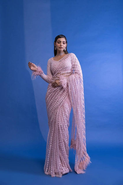 Bollywood Heavy Nylone Butterfly Net Fancy Multy Sequnce Work With Zalar Attached Lace Border Saree With Blouse