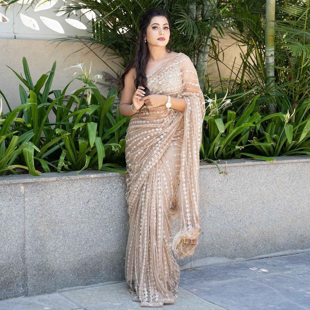 BOLLYWOOD HEAVY NYLONE BUTTERFLY NET FANCY MULTY &amp; SEQUNCE WORK WITH ZALAR ATTACHED LACE BORDER SAREE WITH BLOUSE