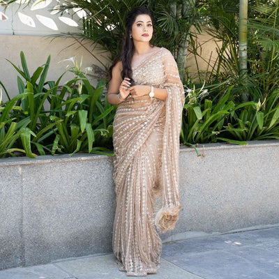 BOLLYWOOD HEAVY NYLONE BUTTERFLY NET FANCY MULTY &amp; SEQUNCE WORK WITH ZALAR ATTACHED LACE BORDER SAREE WITH BLOUSE