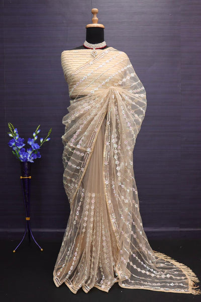 BOLLYWOOD HEAVY NYLONE BUTTERFLY NET FANCY MULTY &amp; SEQUNCE WORK WITH ZALAR ATTACHED LACE BORDER SAREE WITH BLOUSE