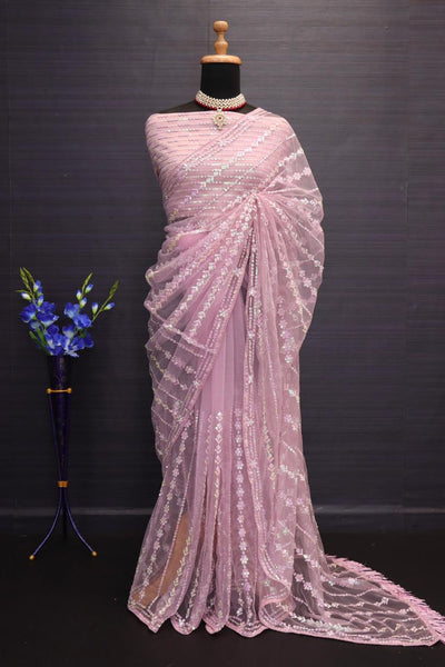 BOLLYWOOD HEAVY NYLONE BUTTERFLY NET FANCY MULTY &amp; SEQUNCE WORK WITH ZALAR ATTACHED LACE BORDER SAREE WITH BLOUSE