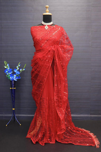 BOLLYWOOD HEAVY NYLONE BUTTERFLY NET FANCY MULTY &amp; SEQUNCE WORK WITH ZALAR ATTACHED LACE BORDER SAREE WITH BLOUSE