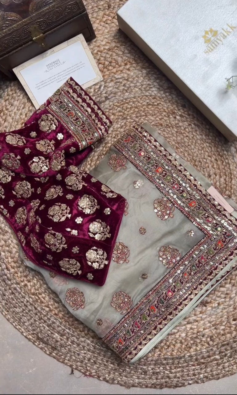 Red Color Heavy Soft Tissue Organza Silk Saree Embroidery Zari Thread Work And Blouse
