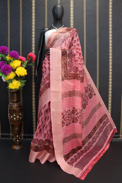 COTTON ZARI PATTA PINK COLOUR SAREE WITH DIGITAL PRINT WORK AND BLOUSE