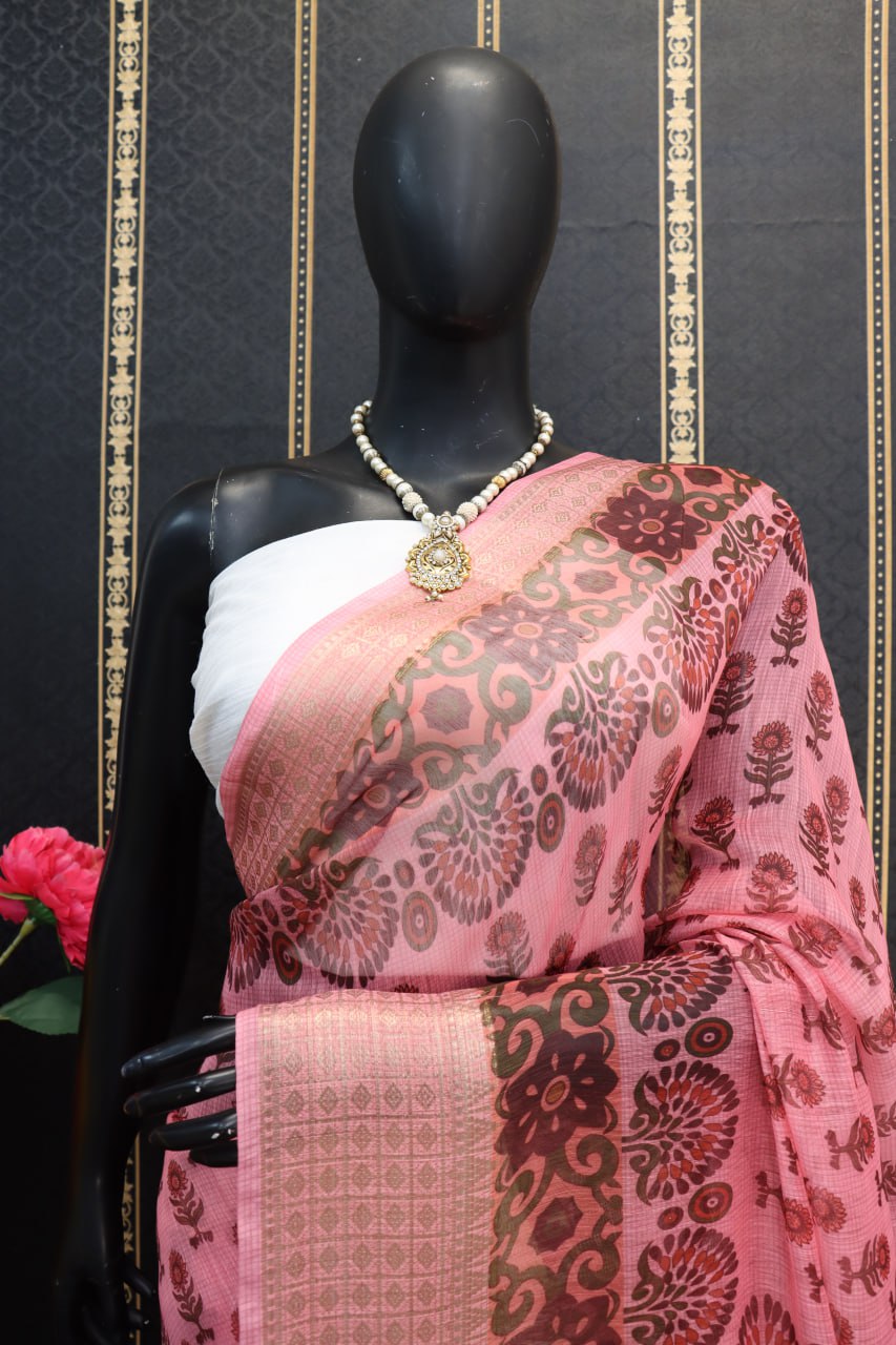 COTTON ZARI PATTA PINK COLOUR SAREE WITH DIGITAL PRINT WORK AND BLOUSE