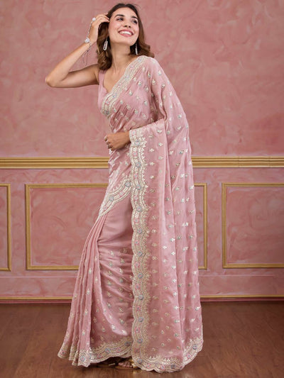 Bollywood Saree For Women Chinon Fabric Saree With Zari Embroidery Cording Work With Blouse