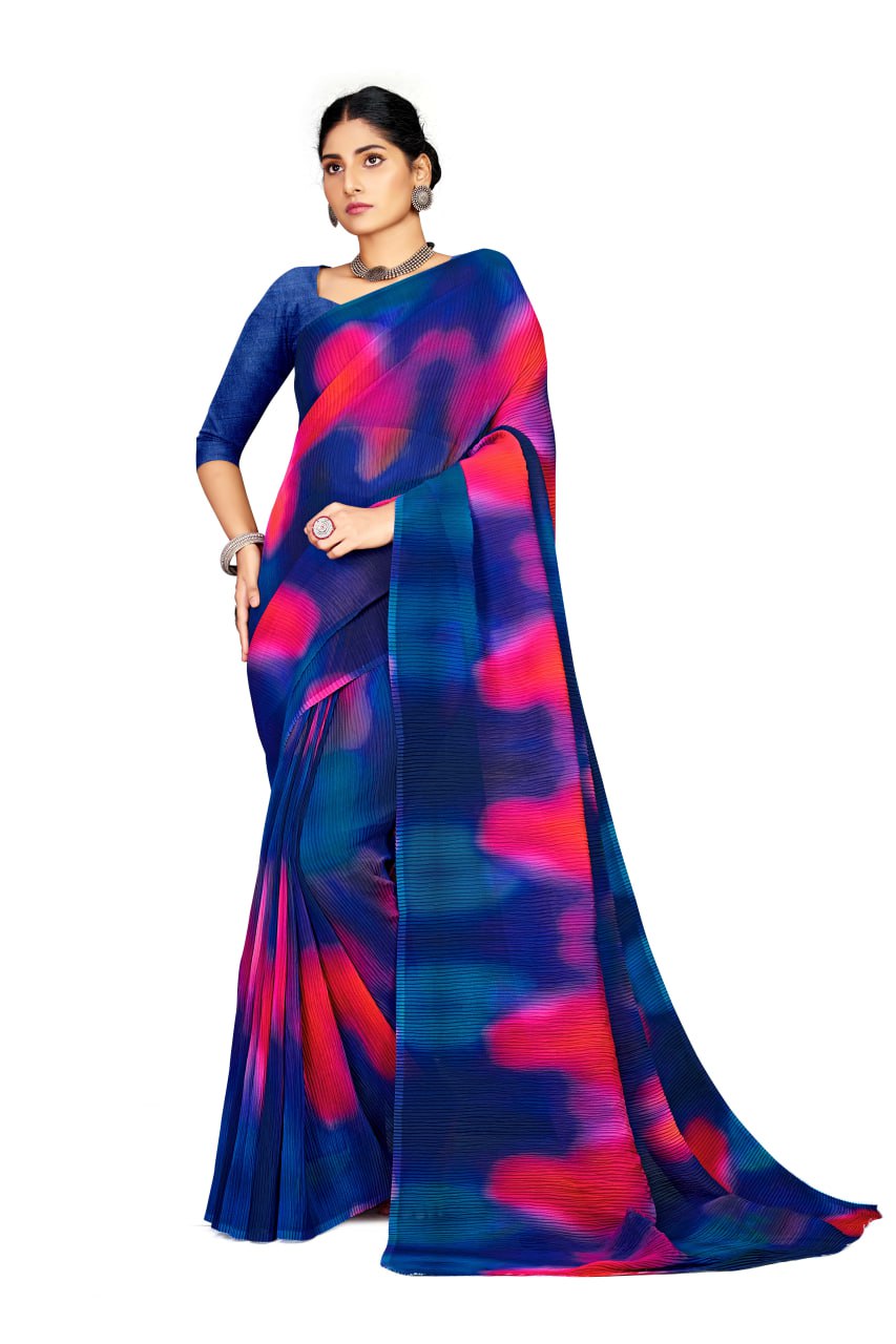 BEAUTIFUL BLUE GEORGETTE CRUSH GEORGETTE WITH DIGITAL PRINT WORK SAREE AND BLOUSE