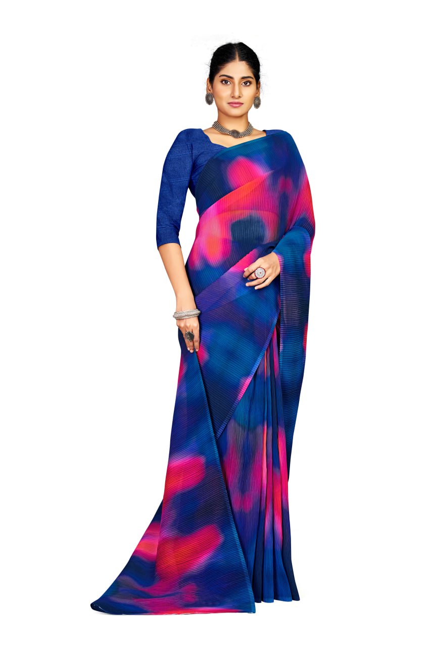 BEAUTIFUL BLUE GEORGETTE CRUSH GEORGETTE WITH DIGITAL PRINT WORK SAREE AND BLOUSE