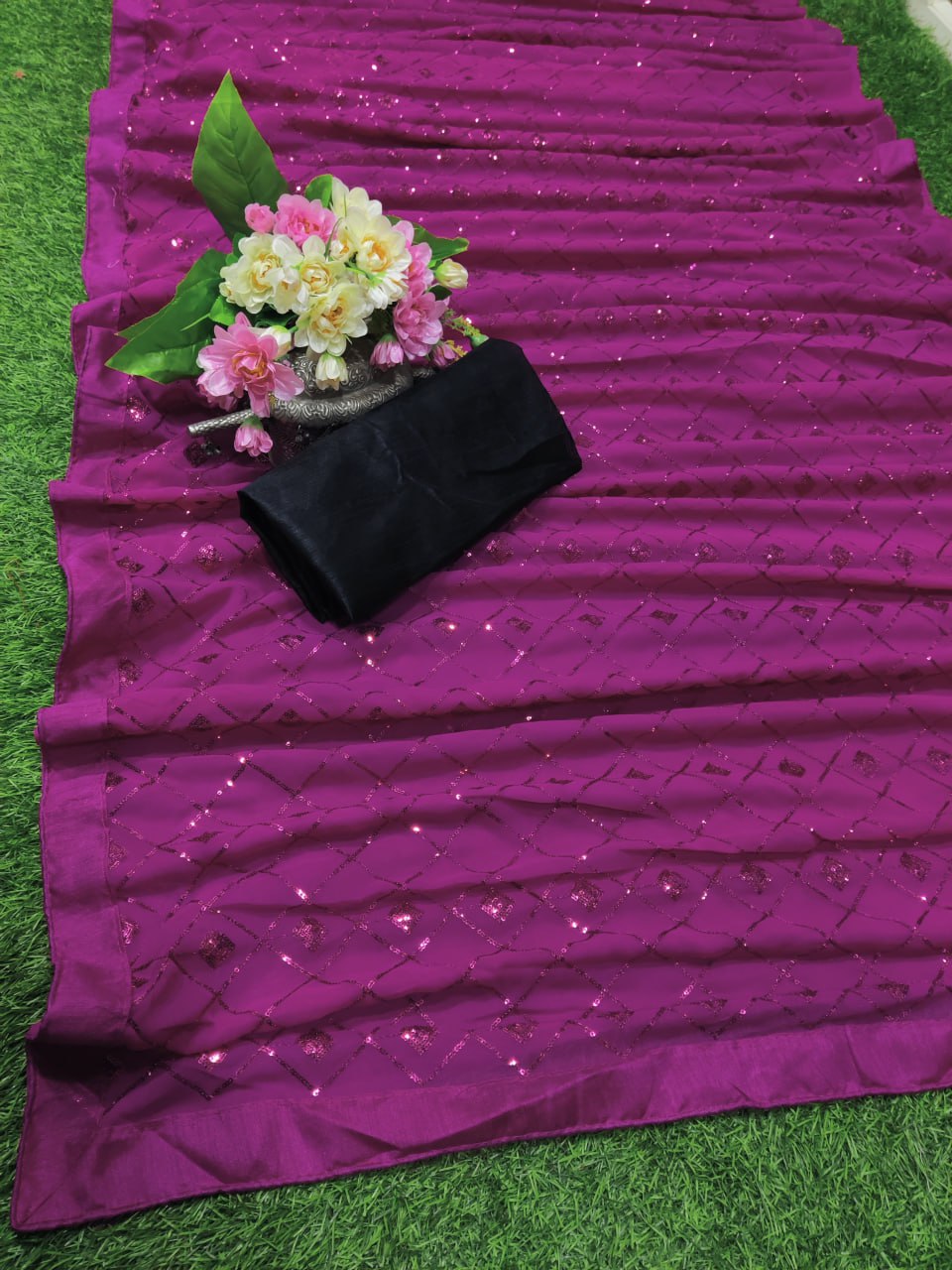 BEAUTIFUL SIX COLOUR GEORGETTE FANCY SEQUNCE WORK SAREE  AND BANGLORIY SILK BLOUSE