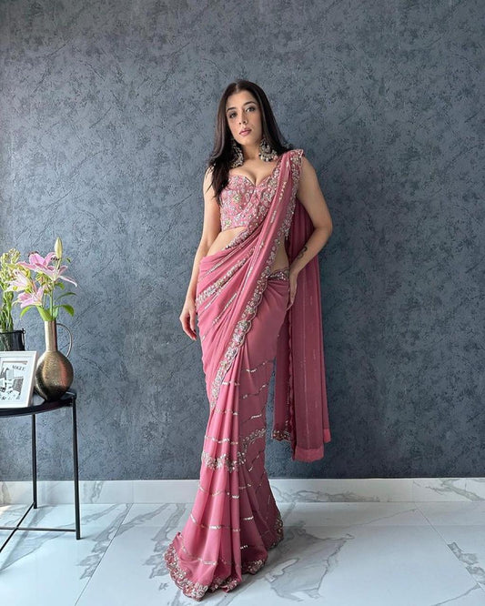Pink Color Beautiful Heavy Pure Soft Georgette Saree Embroidery Thread And Sequence Work And Blouse