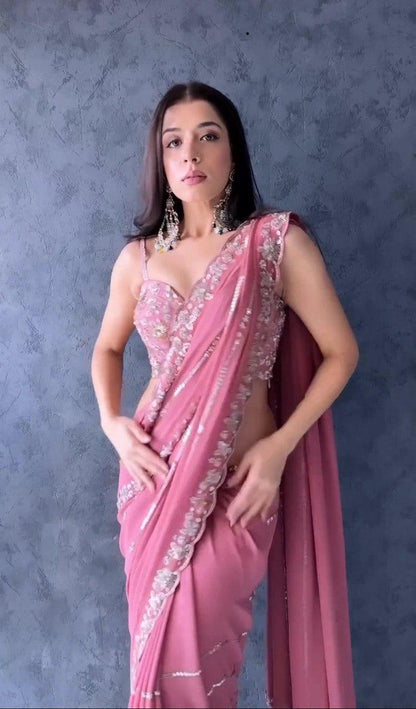 Pink Color Beautiful Heavy Pure Soft Georgette Saree Embroidery Thread And Sequence Work And Blouse