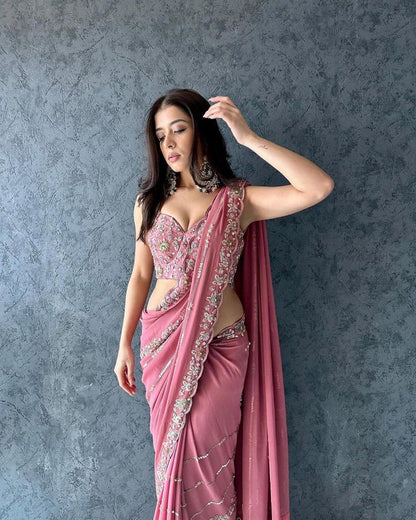 Pink Color Beautiful Heavy Pure Soft Georgette Saree Embroidery Thread And Sequence Work And Blouse