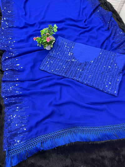 Bollywood Blue Georgette Sequence Work Saree With Blouse