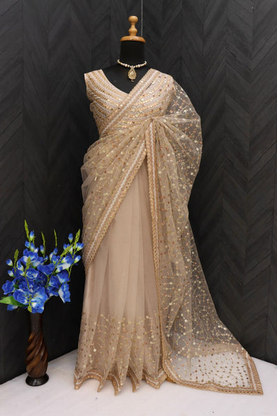 Alia Bhatt Golden Color Butterlfy Net Bollywood Saree For Women With Blouse