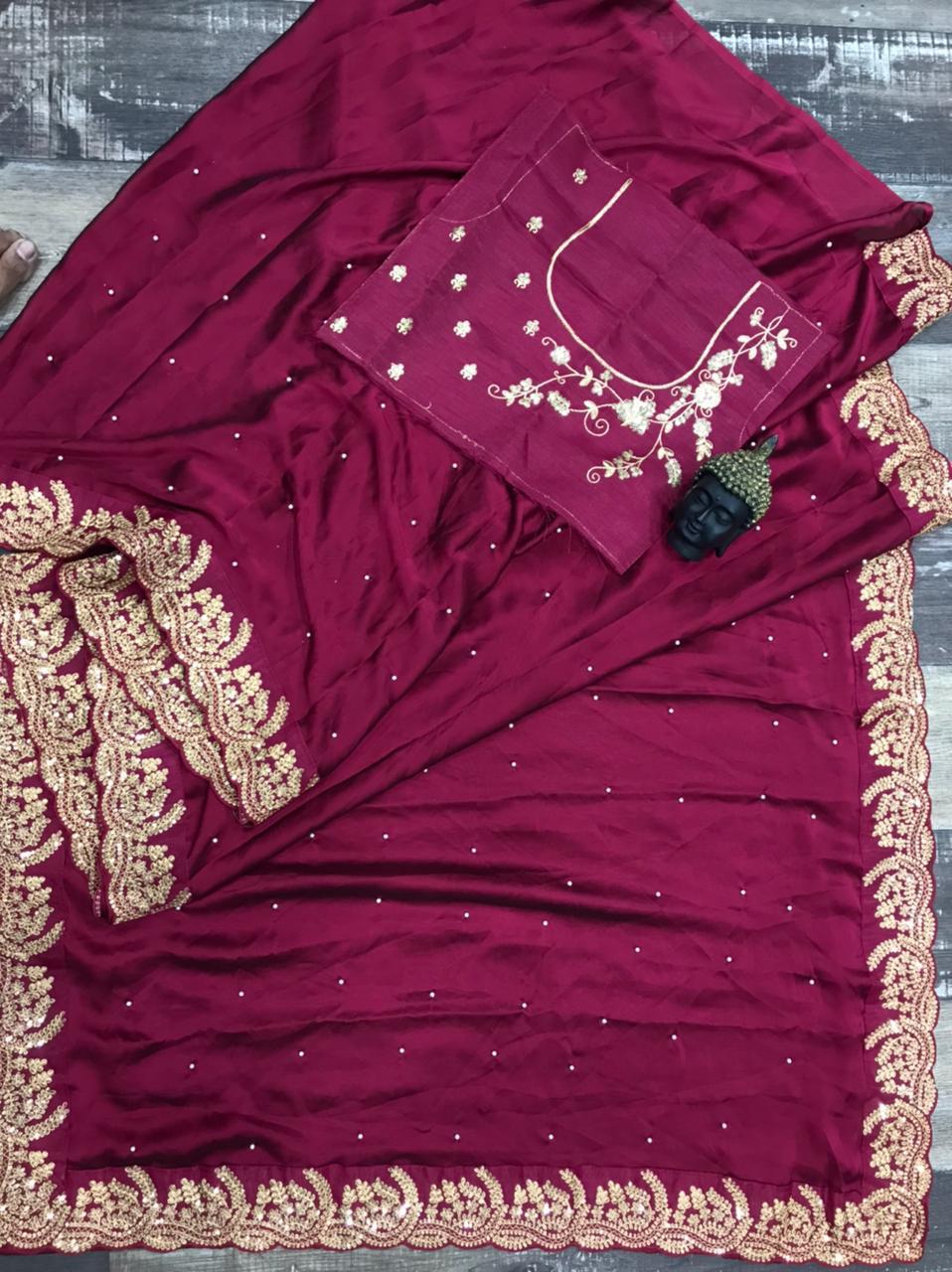 Rangoli Silk With Beautiful Rivet Work And Embroidery Sequence With Zari Work Saree With Blouse