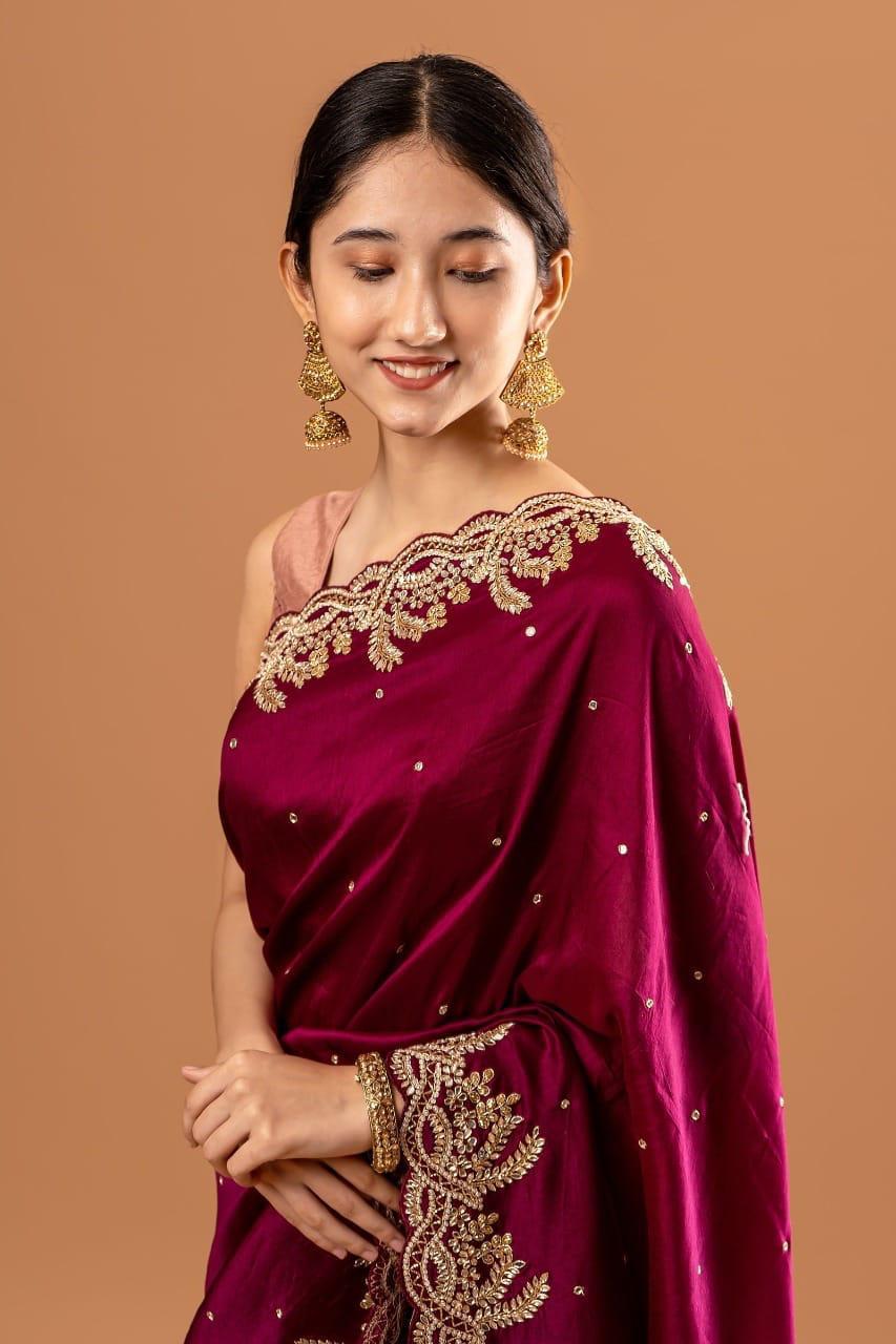 Rangoli Silk With Beautiful Rivet Work And Embroidery Sequence With Zari Work Saree With Blouse