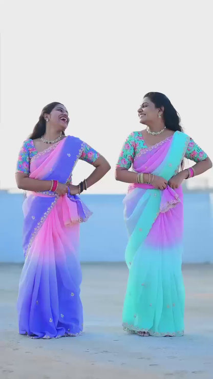 Flower Embroidered and Hand Moti work Saree