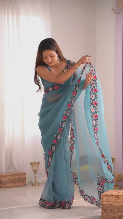 Beautiful Pastel Embroidery Multi-Thread Work Saree