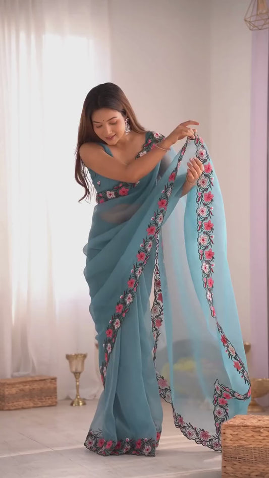 Beautiful Pastel Embroidery Multi-Thread Work Saree