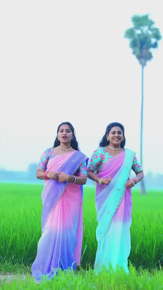 Flower Embroidered and Hand Moti work Saree