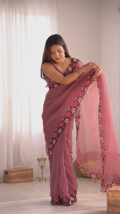 Beautiful Pastel Embroidery Multi-Thread Work Saree